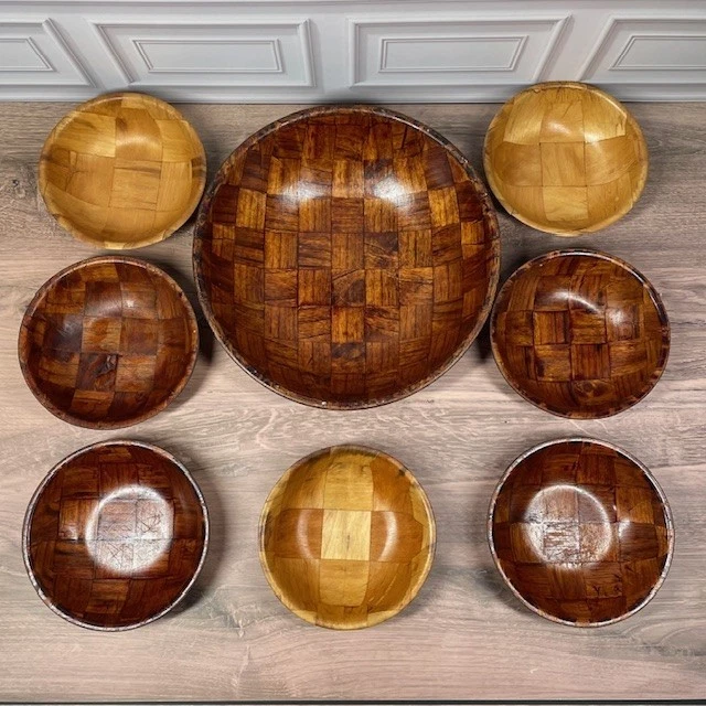 Vintage 70's Wooden Woven Patchwork Bamboo Salad Bowl Set of  8 Boho Mid Century - Image 3 of 4