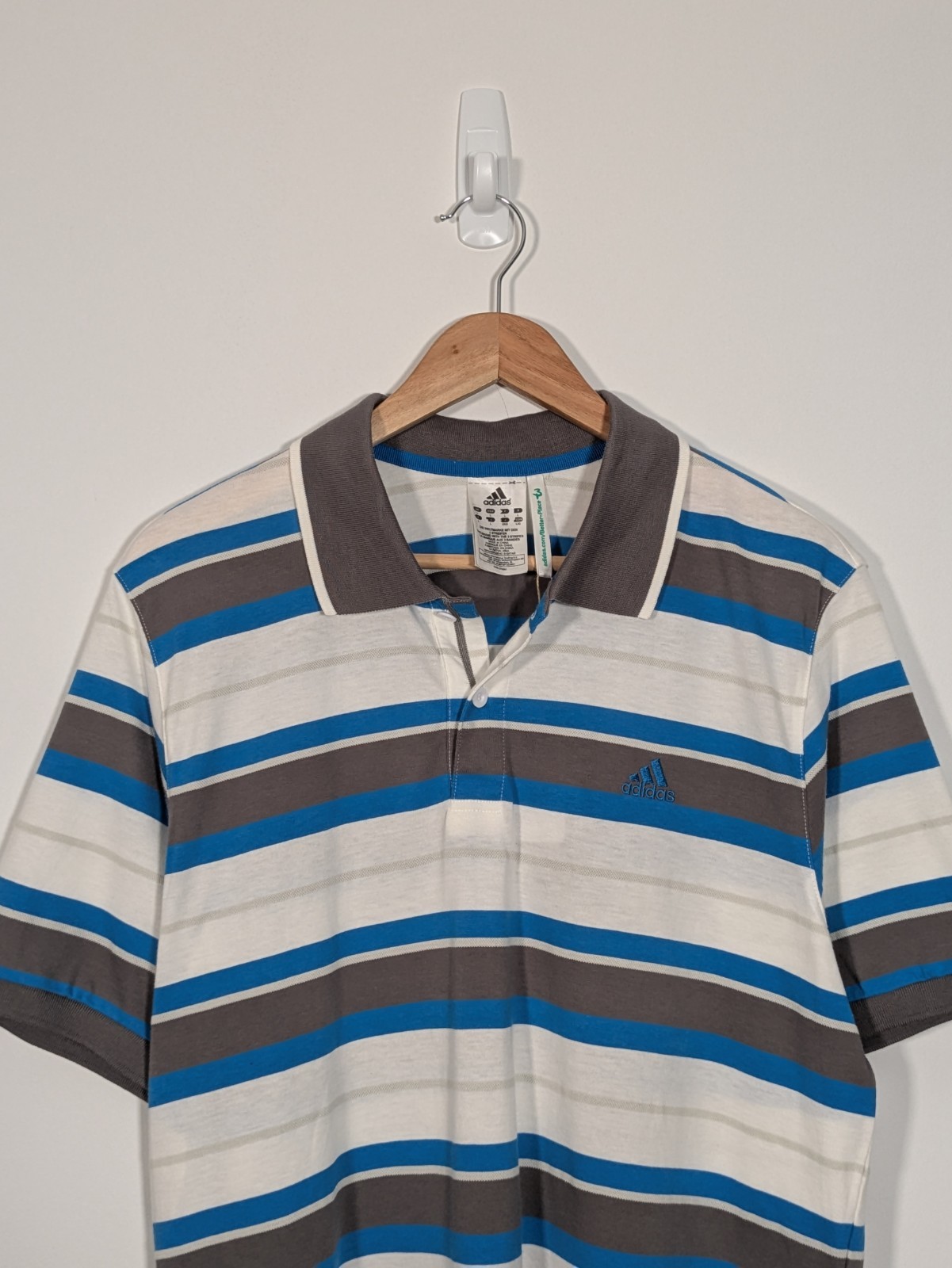 Adidas Large Blue White Striped Short Sleeve Cotton Polo Shirt thumbnail 2