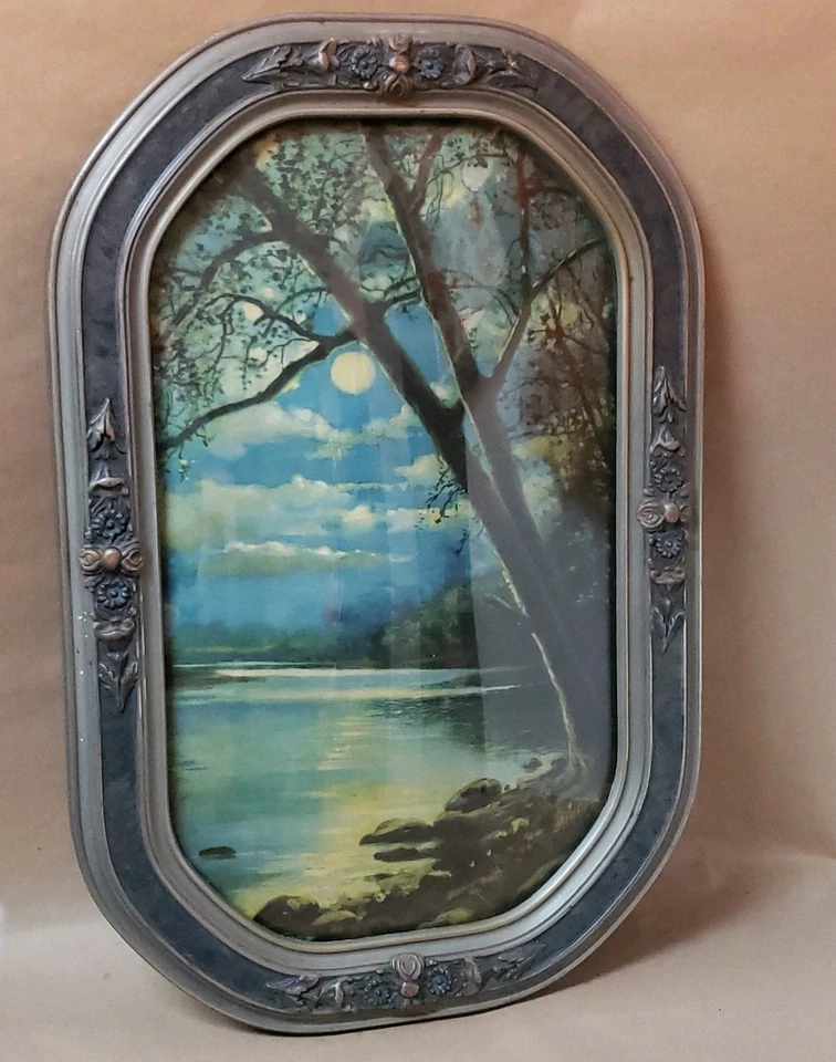 АНТИКВАРНАЯ ВЫПУКЛАЯ СТЕКЛЯННАЯ рамка для картин озеро лунный свет красивое искусство 21 X 14 дюймов - Изображение 3 из 4