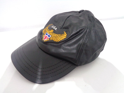 Vintage USA schwarze Leder Biker Cap mit gesticktem Adler