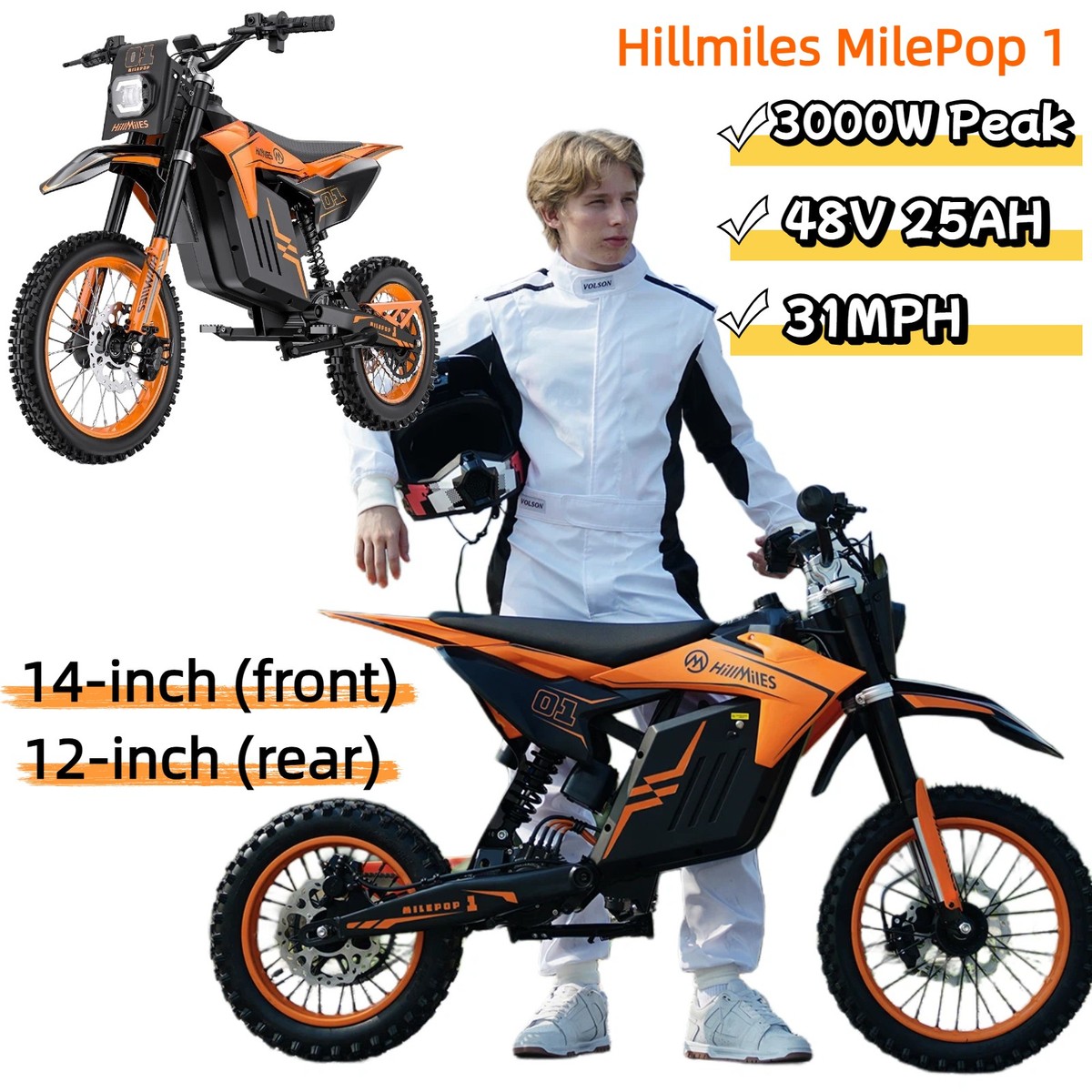 HillMiles Milepop1 Electric Bike 48V/25Ah 31MPH 14'' Fat Tire