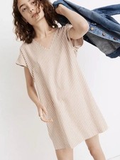 Madewell Striped Shift Dress Tan White Mini V-Neck Button Back S