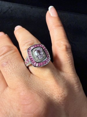 925 Sterling Silver Pink Topaz Ring Size 8 Cushion Halo Baguette BBJ Signed