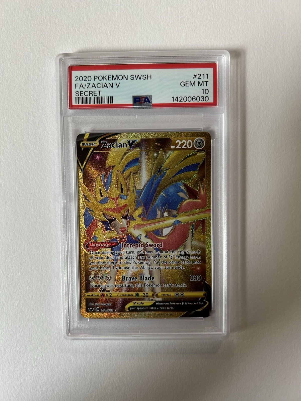 Pokemon 2020 Sword & Shield Zacian V 211/202 Secret Rare Holo Full Art PSA 10