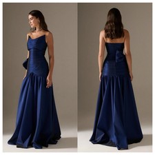 Customized exquisite navy blue satin evening gown strapless sleeveless celebrity