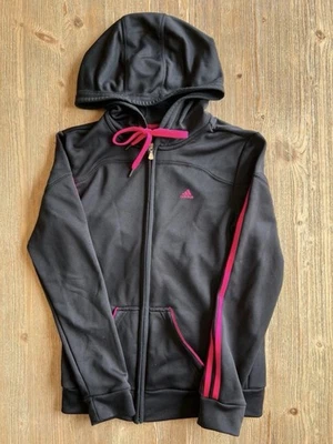 adidas Sweat à capuche zippé femme noir/rose avec poches, taille XS - Photo 1/4