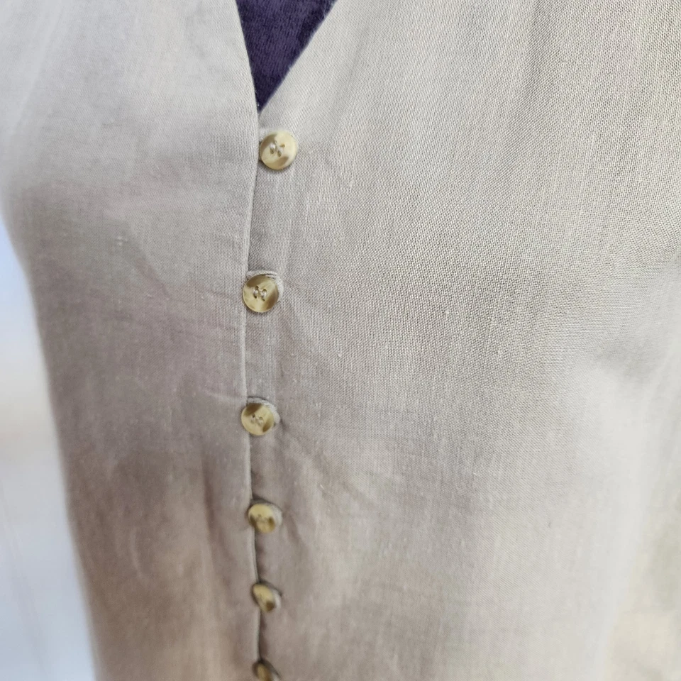 Bogari Studio 女式亚麻棉束腰外衣 Sleveless 纽扣 V 领米色 M 码 — 第 4/4 张图片