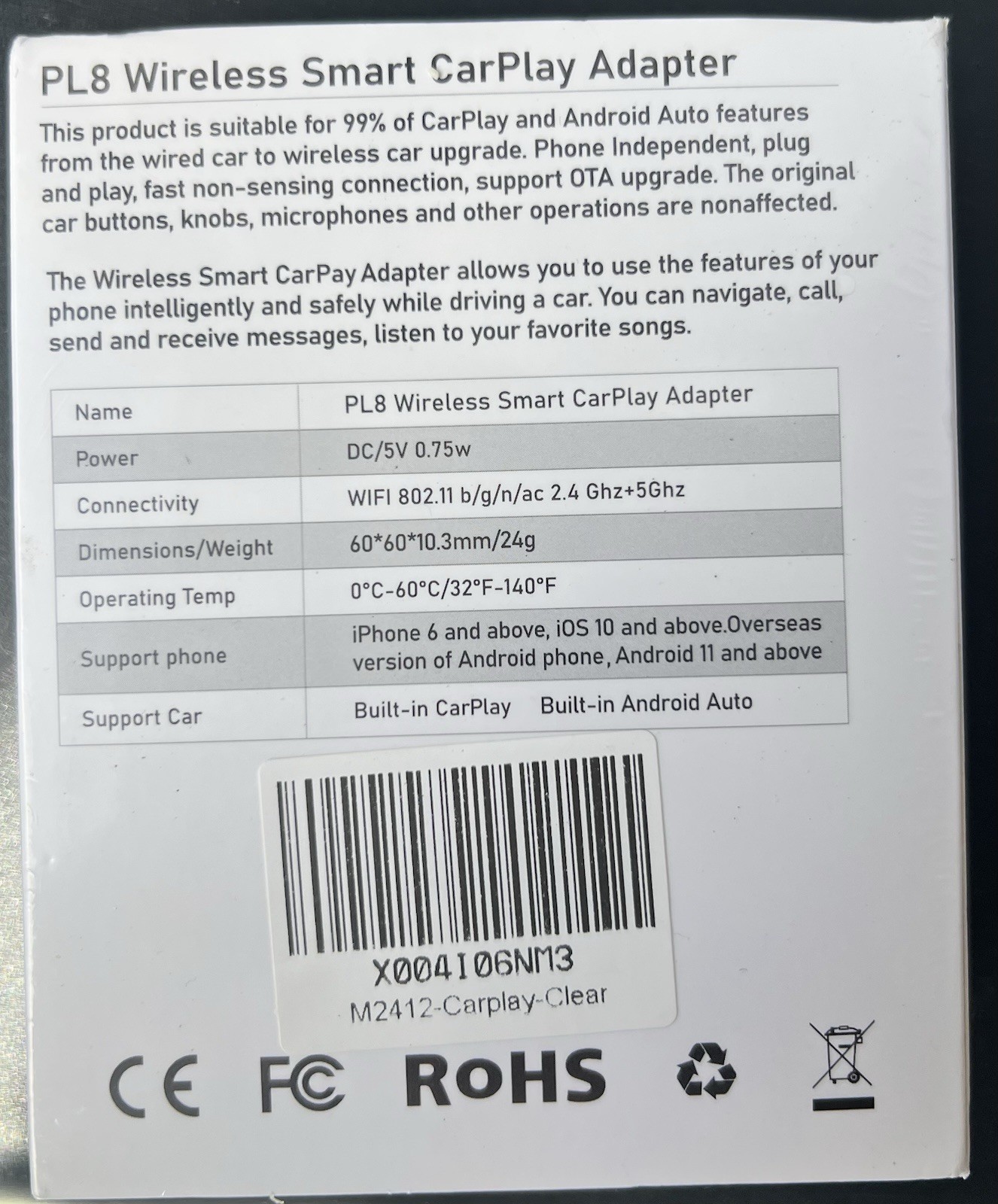 PL8 Wireless Smart CarPlay Adapter Support CarPlay &android Auto