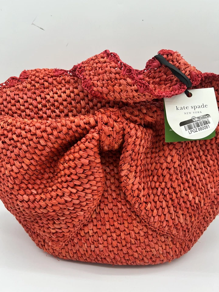 Bolso de Mano Kate Spade New York Para Mujer Grande Rojo Tejido Paja Lazo Verano Playa Cartera Foto 4 de 4