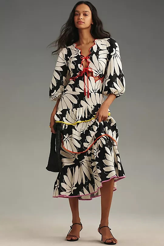 farm rio cutout embroidered floral-print linen-blend maxi dress Farm Rio Floral Cutout Linen-Blend Maxi Dress