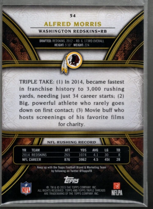 A4154- 2015 Topps Triple Threads Gold #54 Alfred Morris /99 - NM-MT - Image 2 of 2