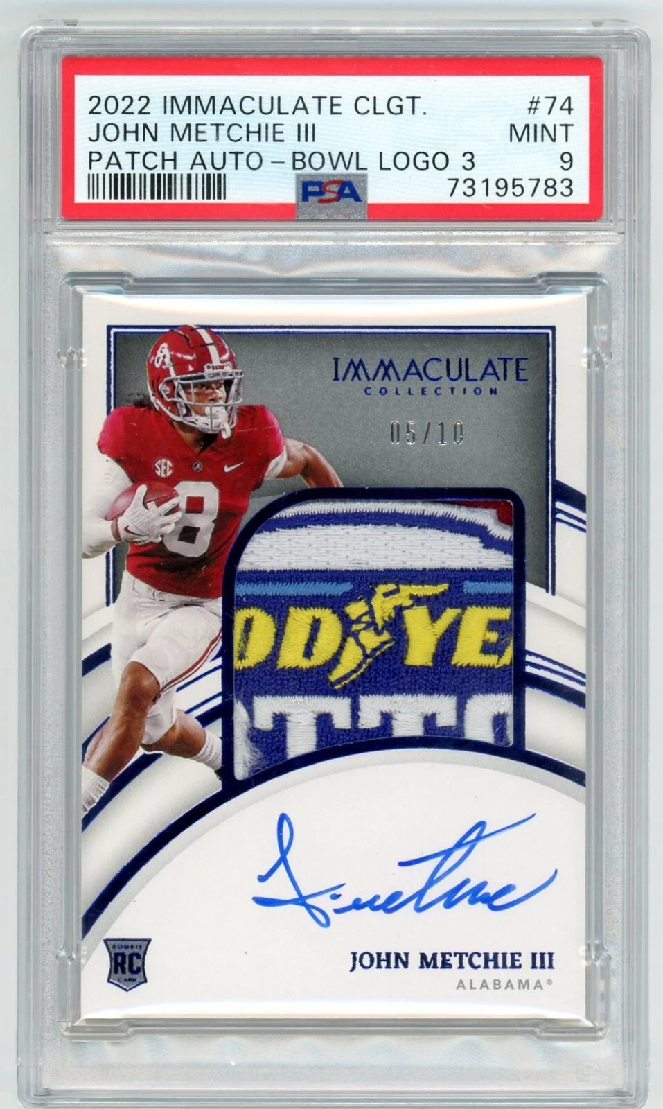 John Metchie Panini Immaculate Collection Collegiate #74 Patch Autograph-Bowl Logo 3