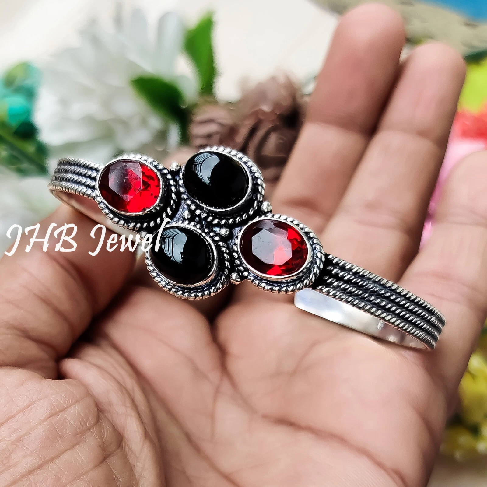 VALENTINO Bracciale unisex argento sterling 925 pietra preziosa taglio onice nero e granato gioiello