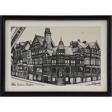 Pen and ink drawing possibly by Marjorie Slade. Titled "The Cross Chester"