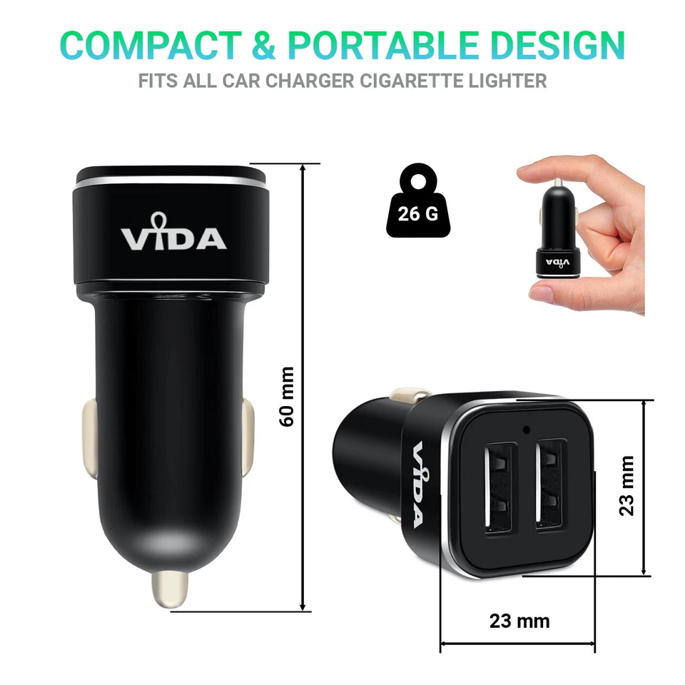 2-Port USB Car Charger Socket 12V Adapter with 3-in-1 Charging Cable Phone Lead Foto 2 de 4