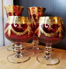 Interglass Italy Crystal Glass - 24K Gold Ruby Red Italian Brandy Snifter/4pices