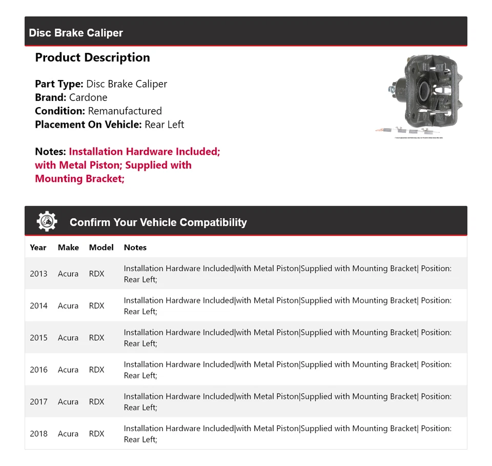 Pinza de freno de disco trasera izquierda Cardone 2014 2015 2016 2017 para Acura RDX 2013-2018 Foto 2 de 4