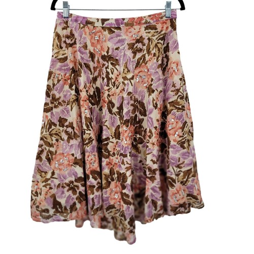 Y2K Floral Midi Skirt 8 Cotton Pink Brown Asymmetrical Sequin Details Boho India - Picture 15 of 15