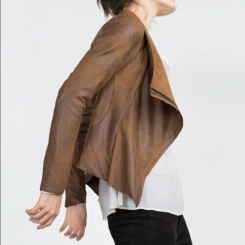 Brandneu mit Etikett Zara Damen braun vegan Wildleder Wasserfalljacke Blazer Reißverschluss Größe XS - Bild 3 von 6