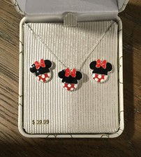 DISNEY PARKS CLASSIC POLKA DOT MINNIE MOUSE EARS BOW NECKLACE  EARRINGS SET NEW
