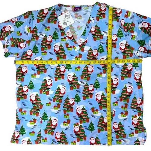 Devine Curves Scrub Christmas Top Women V Neck Short Sleeve Santa Blue Plus 3X - Picture 3 of 13