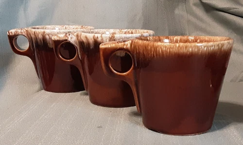 3 Vintage Hull Pottery Brown Drip Glaze Coffee Mug Cup Oven Proof Made in USA