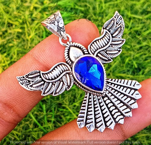 Blue Faceted Topaz Gemstone Eagle Pendant 925 Silver Plated Traditional Jewelry - Picture 2 of 6