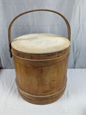 Antique Prim Firkin Sugar Bucket Drop Handle & Lid 3 Band Copper Nails 12x12"