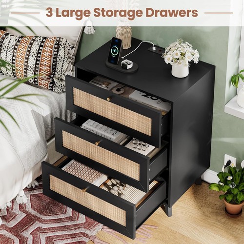 Black Rattan Nightstand & Charging Station, Natural Rattan NightStand & Drawers - Picture 4 of 8