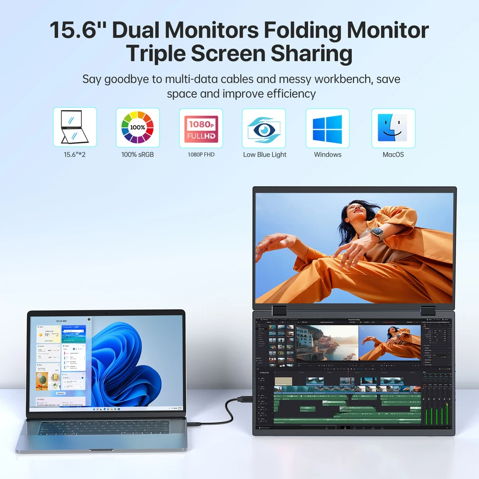 UPERFECT 15.6" Dual Monitor 1920x1080 HDR IPS Portable Monitor Laptop Extender - Image 2 of 4