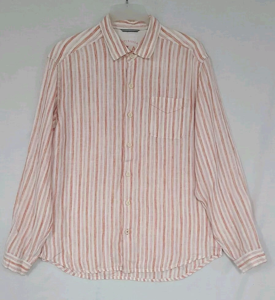 Tommy Bahama Relax Linen Button Front Shirt Men's Sz L Orange Stripe Long Sleeve