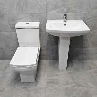 Amara Bathroom Suite Basin Sink with Closed Coupled Toilet Ensuite Square Style