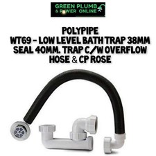 WT69 40mm Low Level Bath Trap With Overflow Hose CP Rose 38mm Seal
