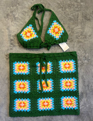Crochet Green Multicolor Granny Square Crochet 2pc Bikini Set Size S Coachella