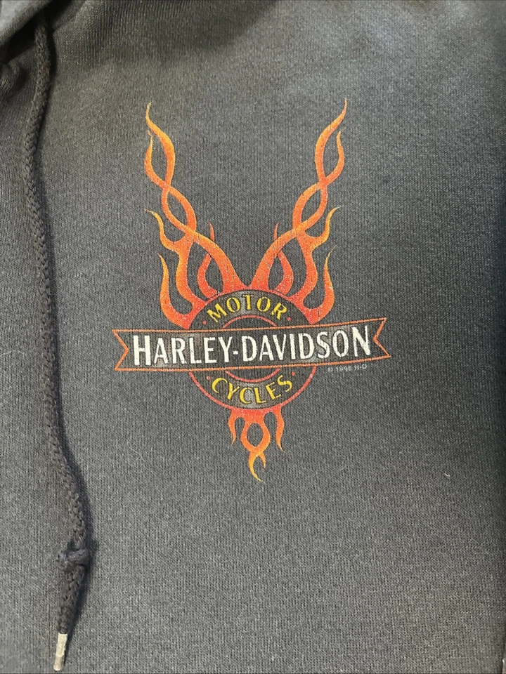 Harley Davidson Vtg ‘98 Flame Sleeve Hoodie Mens Large Cape Cod Black L-XL - Image 2 of 4