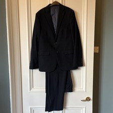 M&S TAILORED NAVY BLUE TROUSER SUIT LIGHT CHECK / JACKET 38” TROUSERS 32” X 31”