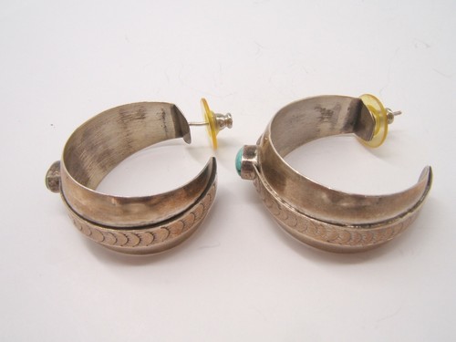 NATIVE AMERICAN NAVAJO STERLING SILVER HOOP EARRINGS TURQUOISE STONE LARGE WIDE - Picture 3 of 5