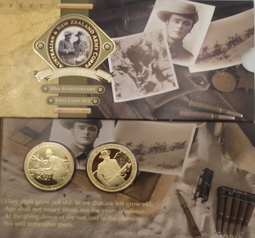 ANZAC 90th Anniversary 1915-2005 Australian & New Zealand Army Corps Two Coin Se - Foto 1 di 2