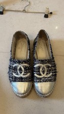 Chanel Grey Leather And Tweed CC Cap Toe Espadrille Flats Size 36 / 3 EU 