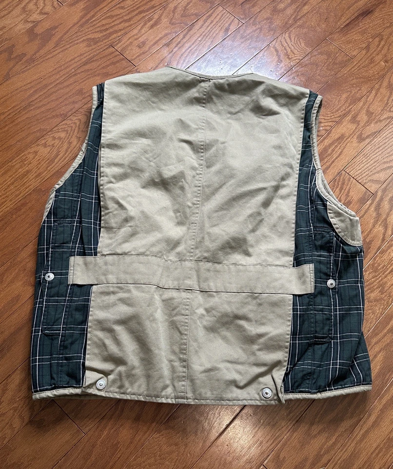 De Colección Tommy Hilfiger Chaleco Reversible Para Hombre Mediano Exterior Cuadros Acolchado Caqui Foto 3 de 4