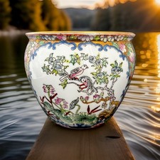 Chinesische Fishbowl Porzellan Pflanzen &Uuml;bertopf  Gold Handbemalt 18 cm signiert