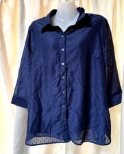 Noni B Dark Blue Shirt Top Blouse Double Layer Shiny Thread 3/4 Sleeves 14