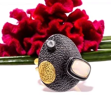 Natural Opal - Ethiopia Black & Gold Plated 925 Sterling Silver Ring s.7.5 Sku35