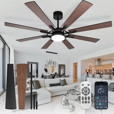 72-Inch Ceiling Fan with Light: Modern 8-Blade Walnut and Black Indoor Outdoor F