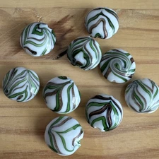 9 GREEN  GOLD AND WHITE  20mm Lampwork Glass Round FLAT  DISC Beads