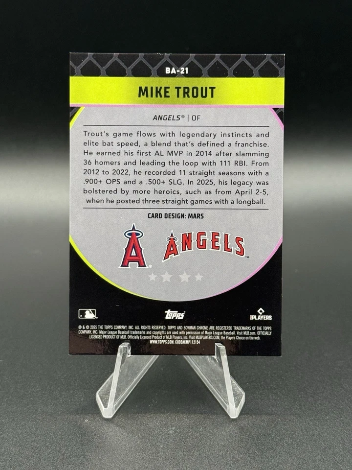 Mike Trout 2025 Bowman Cromo Ascensiones Estuche Hit SP Los Angeles Angels BA-21 Foto 2 de 3