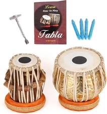 QUEENBRASS Brass Tabla Set Engraved Bayan Wood Dayan Cushions Hammer Bag Kit