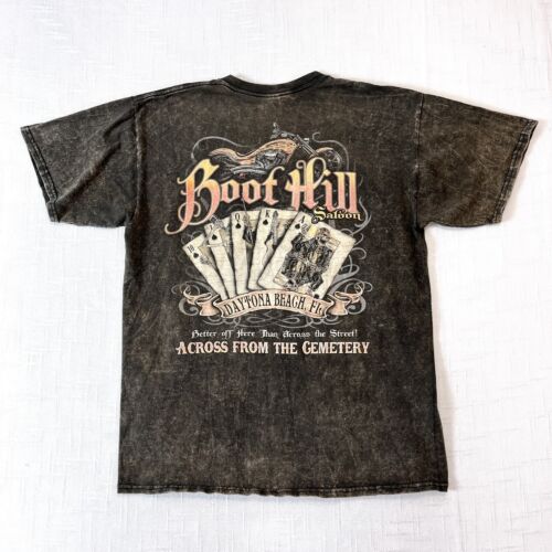 Y2K Boot Hill Saloon Tribal Skeletons Pocket T Shirt L Vtg Brown Biker Grunge - Picture 1 of 10