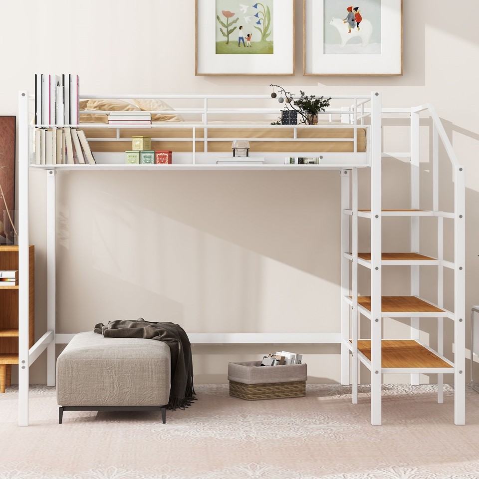 Full Size Loft Bed with Upper Grid Shelf and Lateral Storage Ladder