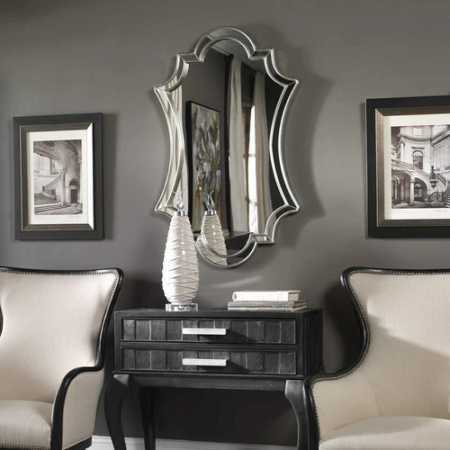 UTTERMOST 8134 ELARA ANTIQUED SILVER LEAF FRAME CURVED POLISHED EDGE WALL MIRROR - Picture 4 of 6